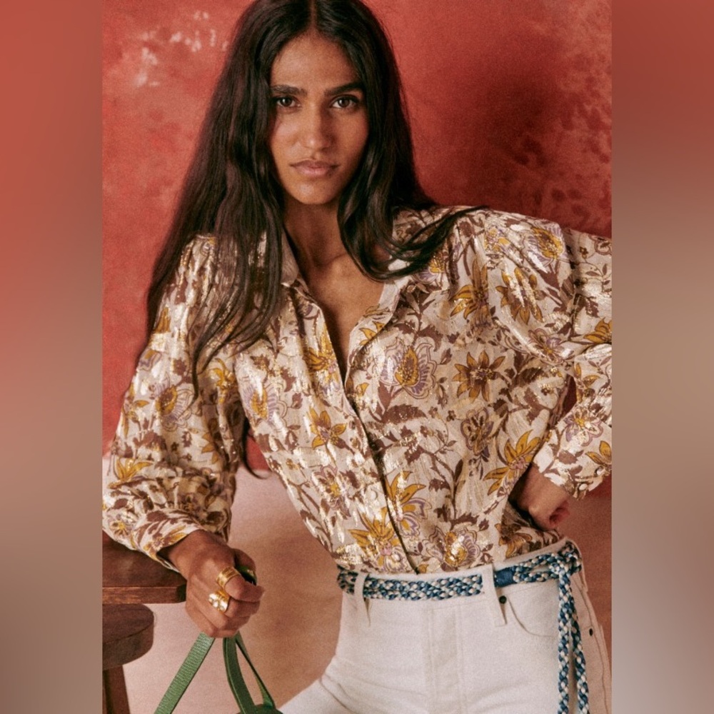 Sezane Floral Button-Down Shirt in Cream and Mustard, Size 38